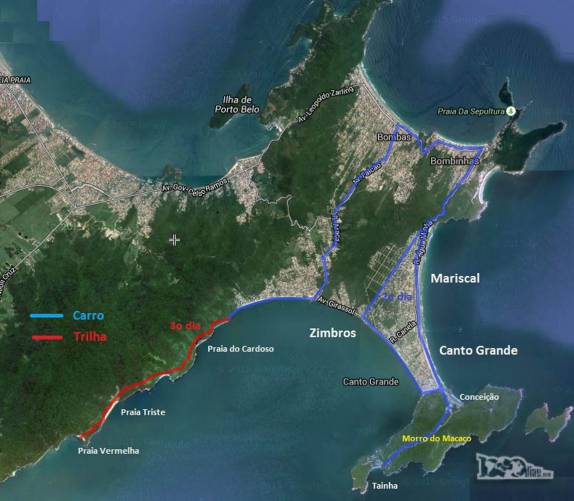 Em Bombinhas, no nosso 2o dia (em azul), fomos de carro até Tainha, passando por Mariscal e Zimbros. No 3o dia, fizemos a caminhada (vermelh) pelas praias da costa sul da penínsulha